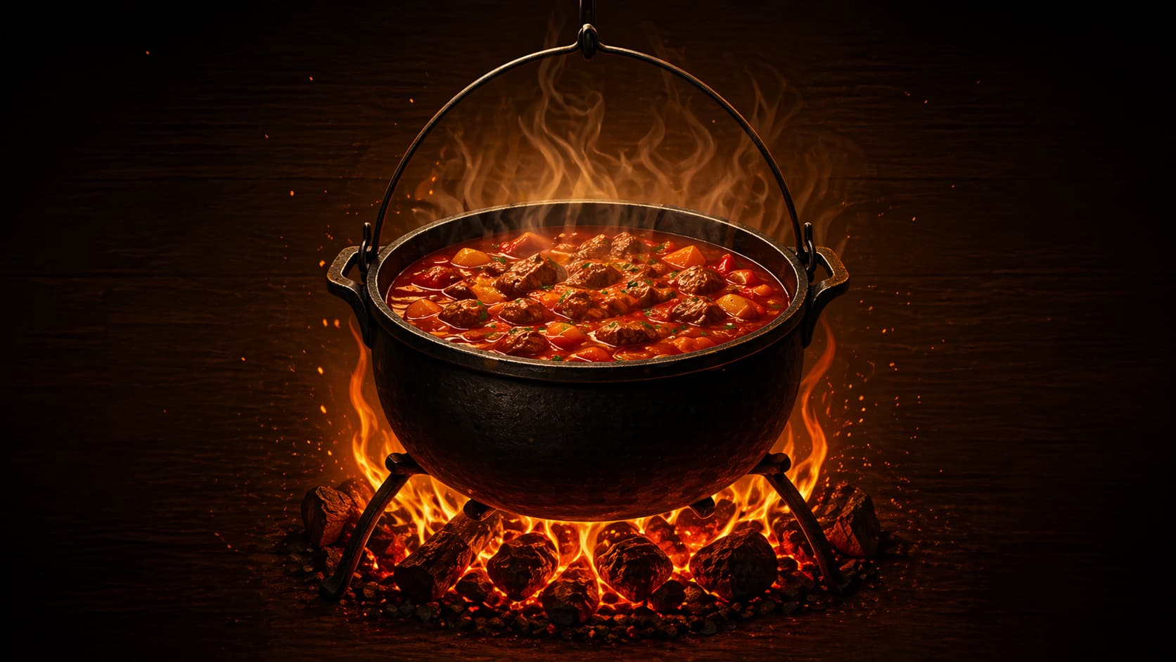 Kotlíkový guláš varený nad ohňom v liatinovom kotlíku — tradičný slovenský recept