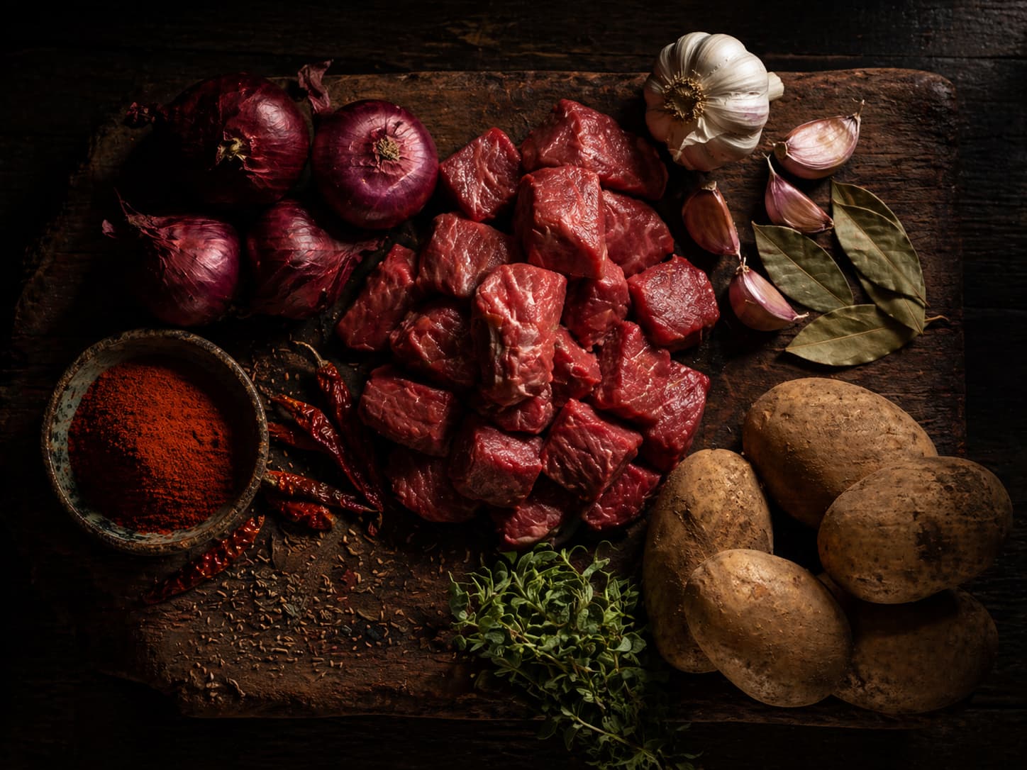 Suroviny na kotlíkový guláš — hovädzie mäso, červená cibuľa, sladká paprika, zemiaky, cesnak, bobkový list a majorán na drevenej doske