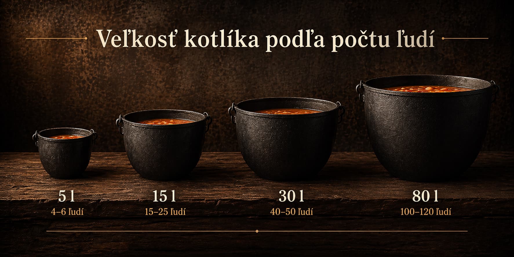 Porovnanie veľkostí kotlíkov pre guláš — 5 L pre 4–6 ľudí, 15 L pre 15–25 ľudí, 30 L pre 40–50 ľudí, 80 L pre 100–120 ľudí